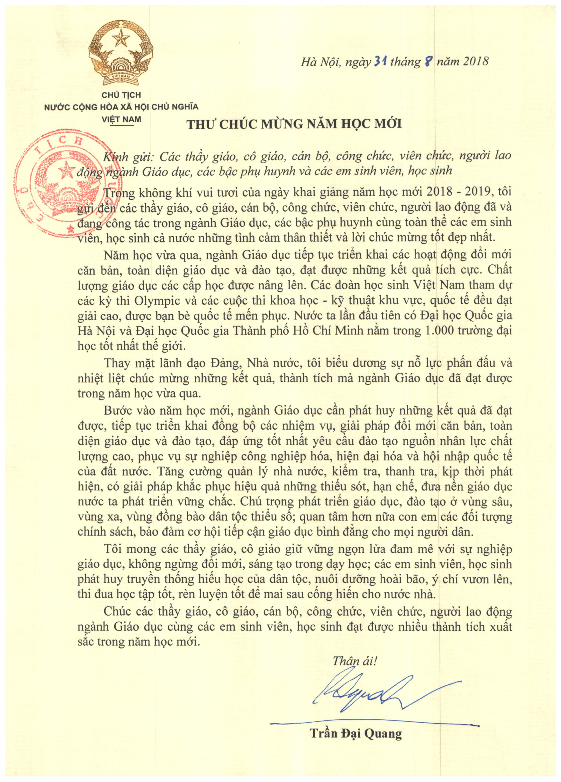 Thư của Chủ tịch nước Trần Đại Quang gửi ngành Giáo dục nhân dịp năm học mới 2018 - 2019