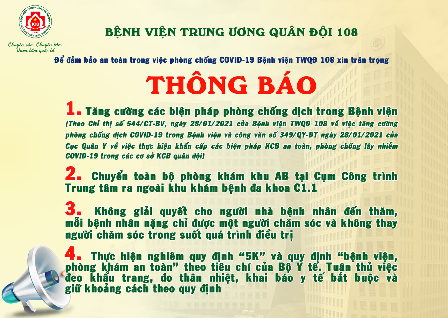 Thông báo về việc phòng chống COVID-19 tại Bệnh viện TWQĐ 108
