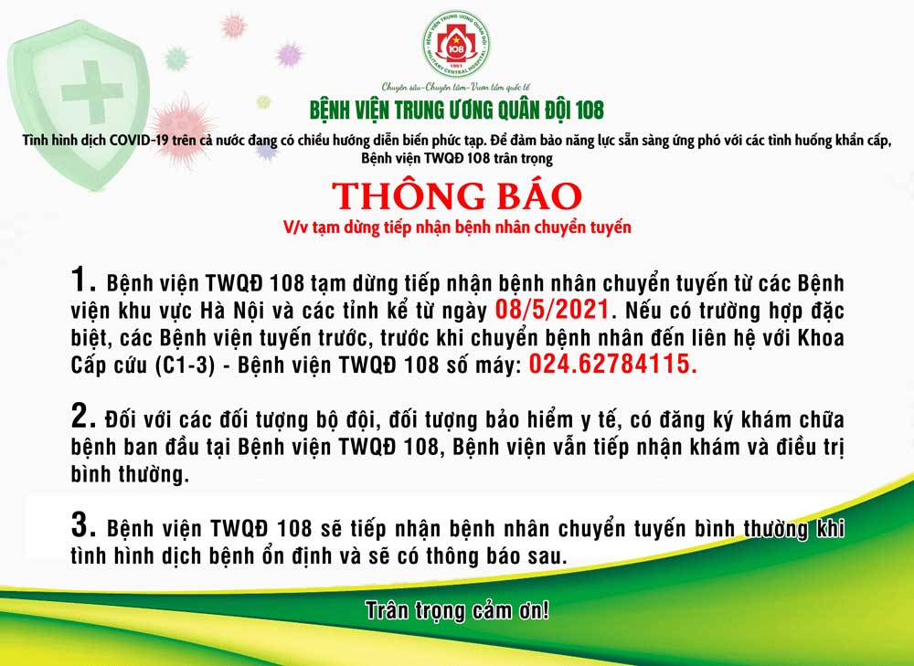THÔNG BÁO: Về việc tạm dừng tiếp nhận bệnh nhân chuyển tuyến