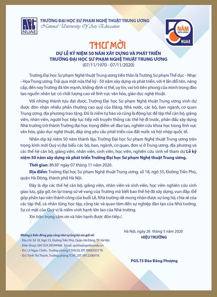 Thư mời dự lễ kỷ niệm 50 năm xây dựng và phát triển trường ĐHSP Nghệ thuật TW