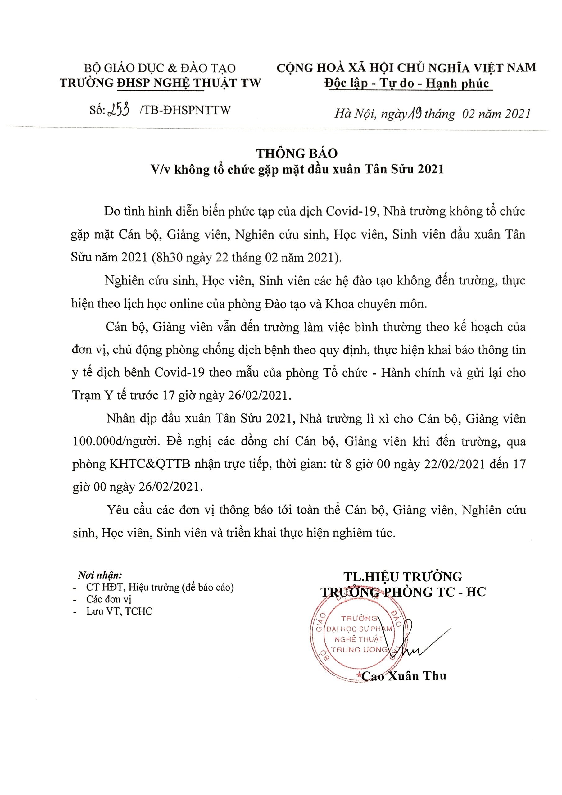 Thông báo số: 253/TB- ĐHSPNTTW ngày 19/2/2021 v/v không tổ chức gặp mặt đầu Xuân Tân Sửu 2021