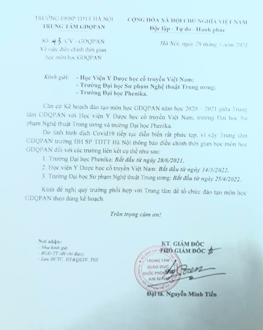 THÔNG BÁO số 48 của TT Giáo dục Quốc phòng An ninh về việc điều chỉnh thời gian học môn học GDQPAN