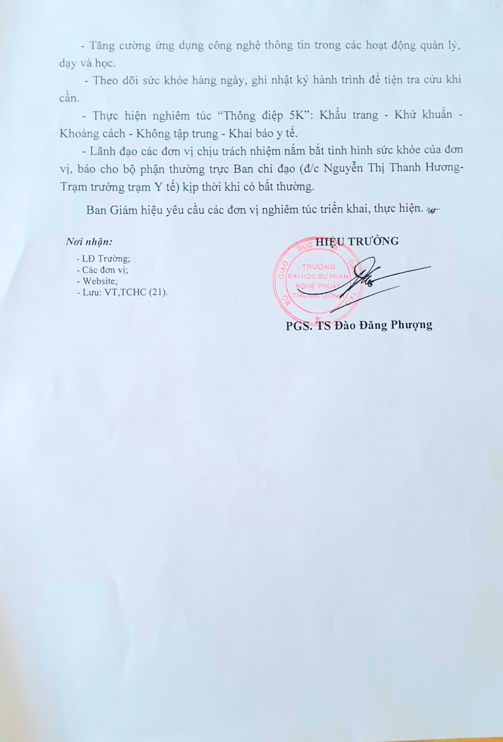 Thông báo số 132/TB-ĐHSPNTTW, ngày 29/01/2021 V/v Tăng cường các biện pháp cấp bách phòng, chông dịch Covid 19