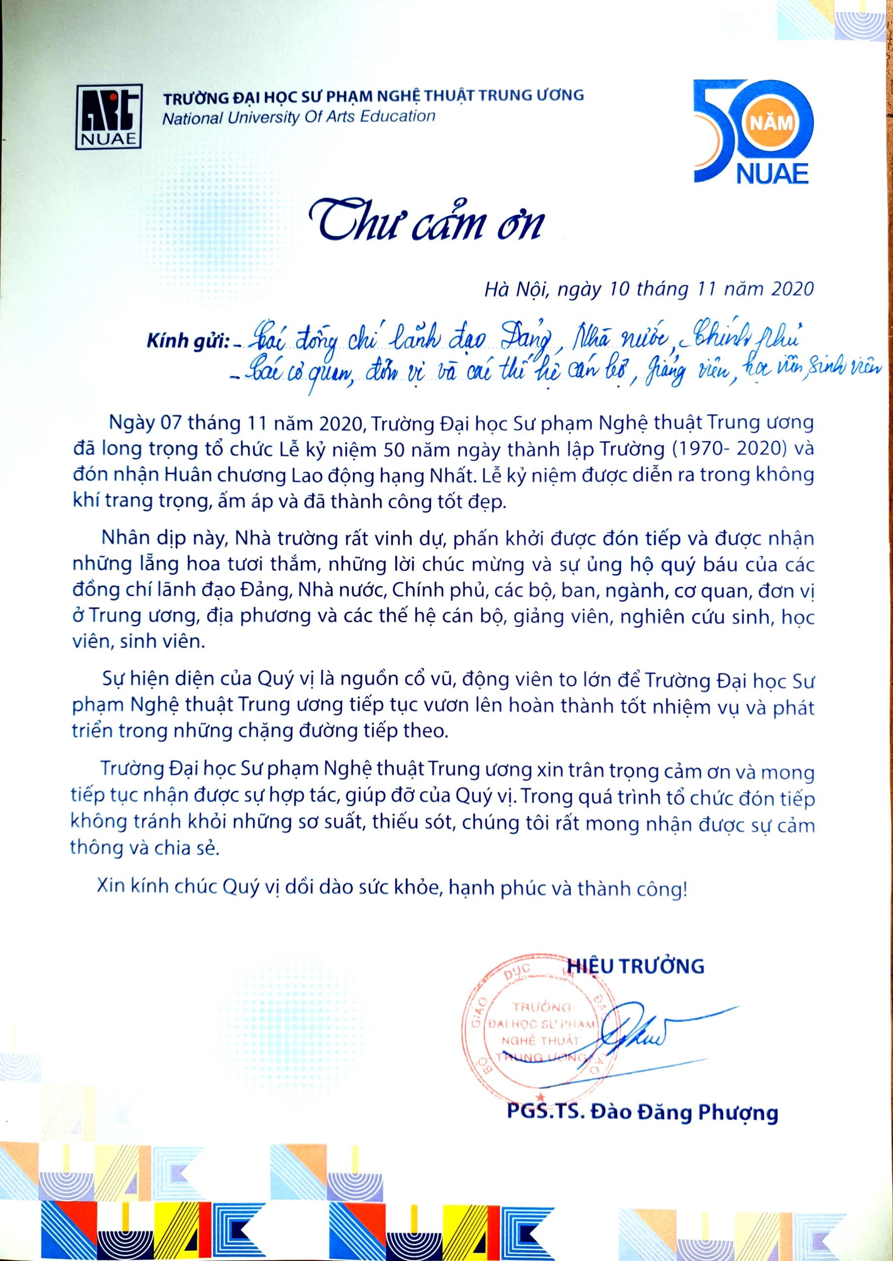 Thư cảm ơn của Trường Đại học Sư phạm Nghệ thuật Trung ương