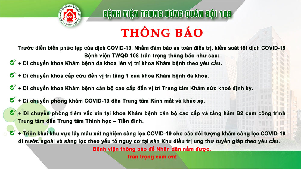 THÔNG BÁO: Di chuyển một số đơn vị tại Bệnh viện Trung ương Quân đội 108