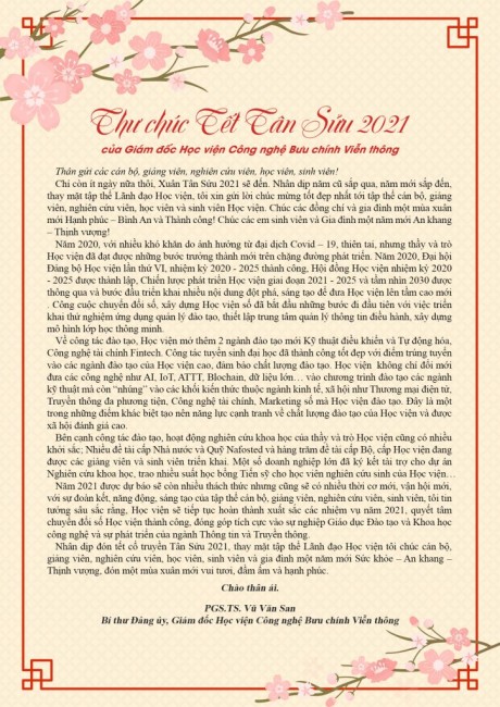 Thư chúc tết của Giám đốc Học viện Công nghệ Bưu chính Viễn thông
