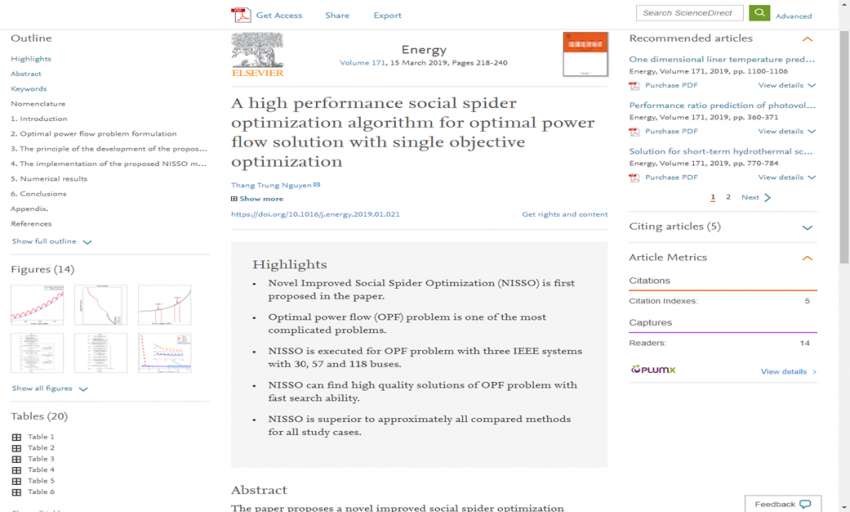 Công trình “Áp dụng thuật toán cải tiến Social Spider cho các giải pháp phân bố công suất tối ưu đơn mục tiêu” công bố trên tạp chí ngoại hạng chuyên ngành