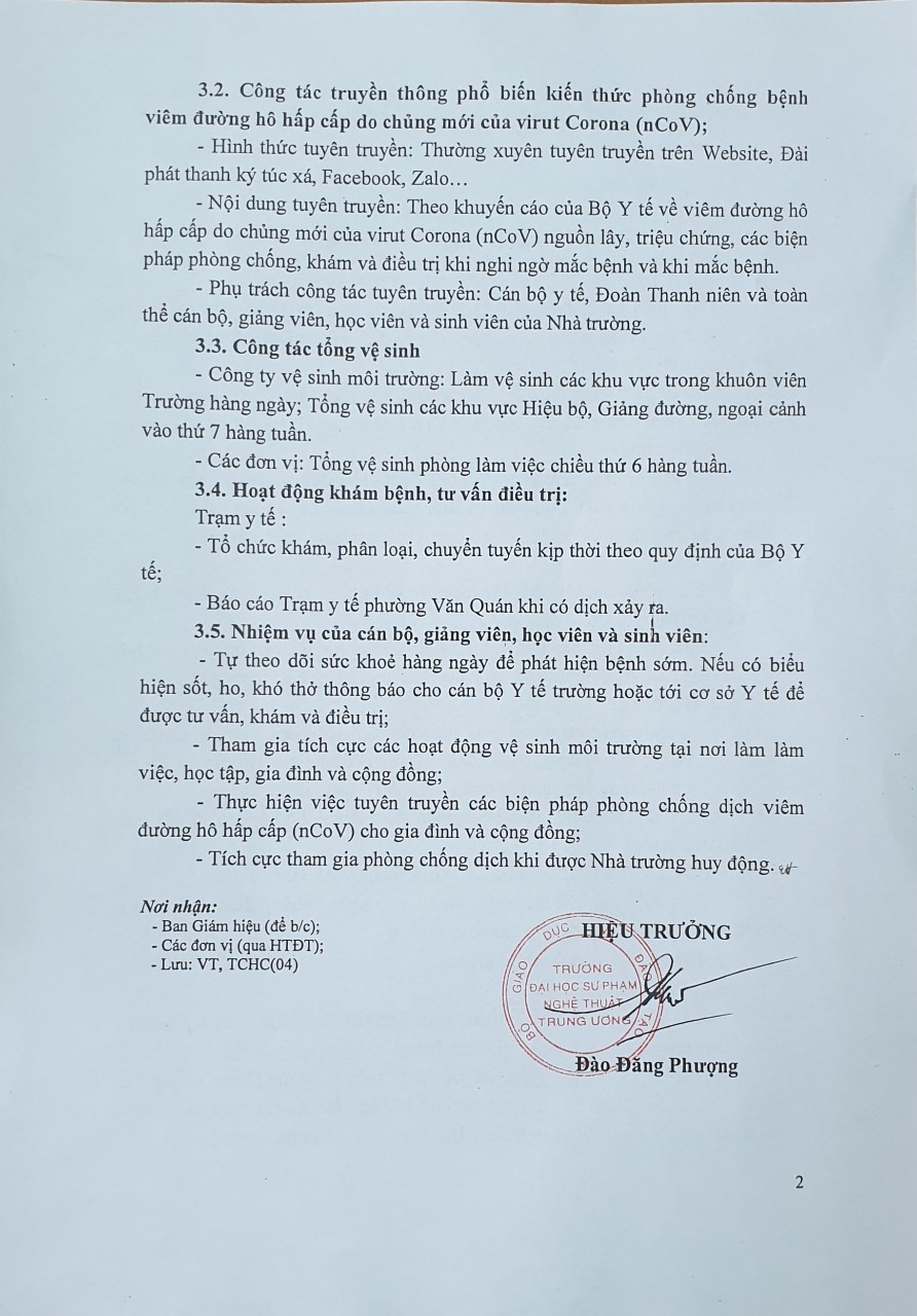 Trường ĐHSP Nghệ thuật TW triển khai công tác phòng, chống dịch viêm đường hô hấp cấp do virus Corona (nCoV) theo công điện của Bộ trưởng Bộ Giáo dục và Đào tạo