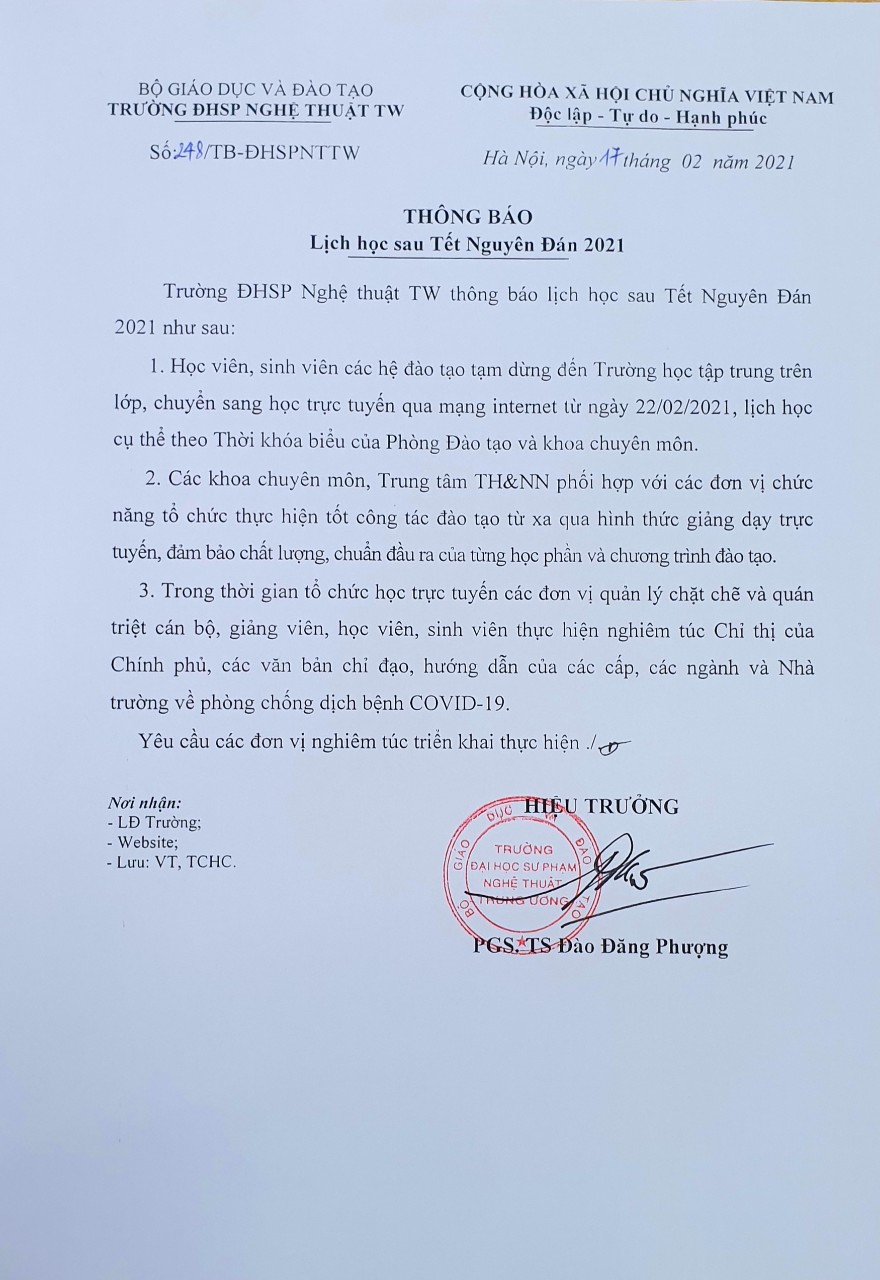 Thông báo số: 248/TB- ĐHSPNTTW ngày 17/2/2021 của Hiệu trưởng V/v Lịch học sau Tết Nguyến Đán 2021
